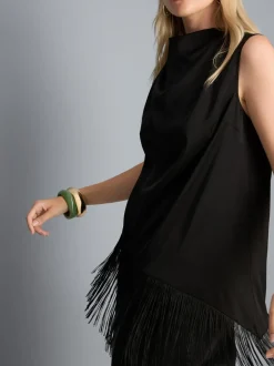 Asymmetrische Bluse mit Fransen und Wasserfallausschnitt
