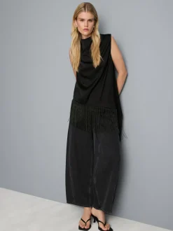 Asymmetrische Bluse mit Fransen und Wasserfallausschnitt