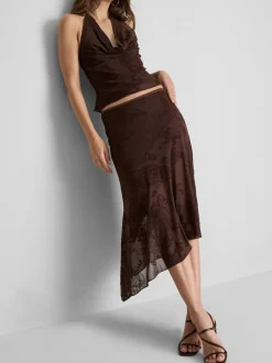 Asymmetrischer Netzstoff-Midirock mit Paisleymuster