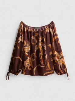 Bardot-Bluse aus Satin in Knitteroptik mit Blumenmuster