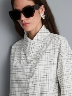 Baumwoll-Bluse mit hohem Kragen und Karomuster