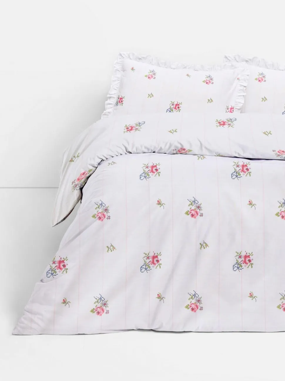 Bettwäsche mit Kreuzstich-Blumenmuster, Super-Kingsize