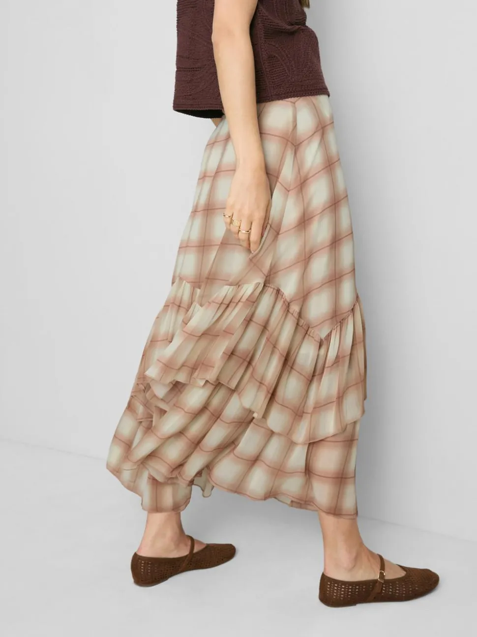 Chiffon-Maxirock mit Rüschen und Print