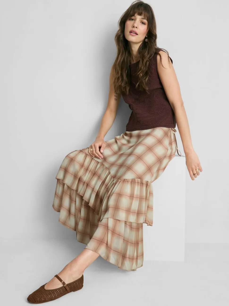 Chiffon-Maxirock mit Rüschen und Print