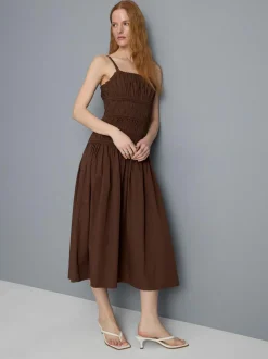 Gerafftes Baumwoll-Midikleid mit Karree-Ausschnitt