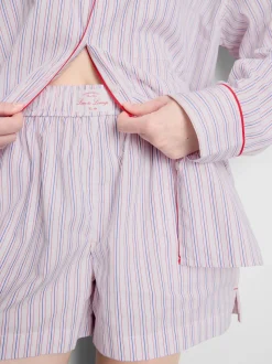 Gestreifte Baumwoll-Schlafshorts mit Room Service-Print