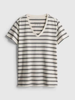 Gestreiftes Baumwoll-T-Shirt mit V-Ausschnitt