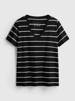 Gestreiftes T-Shirt aus reiner Baumwolle mit V-Ausschnitt