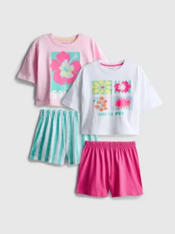 7–15 Jahre | Kurze Schlafanzüge aus reiner Baumwolle mit Hibiskusblüten-Muster, 2er-Pack
