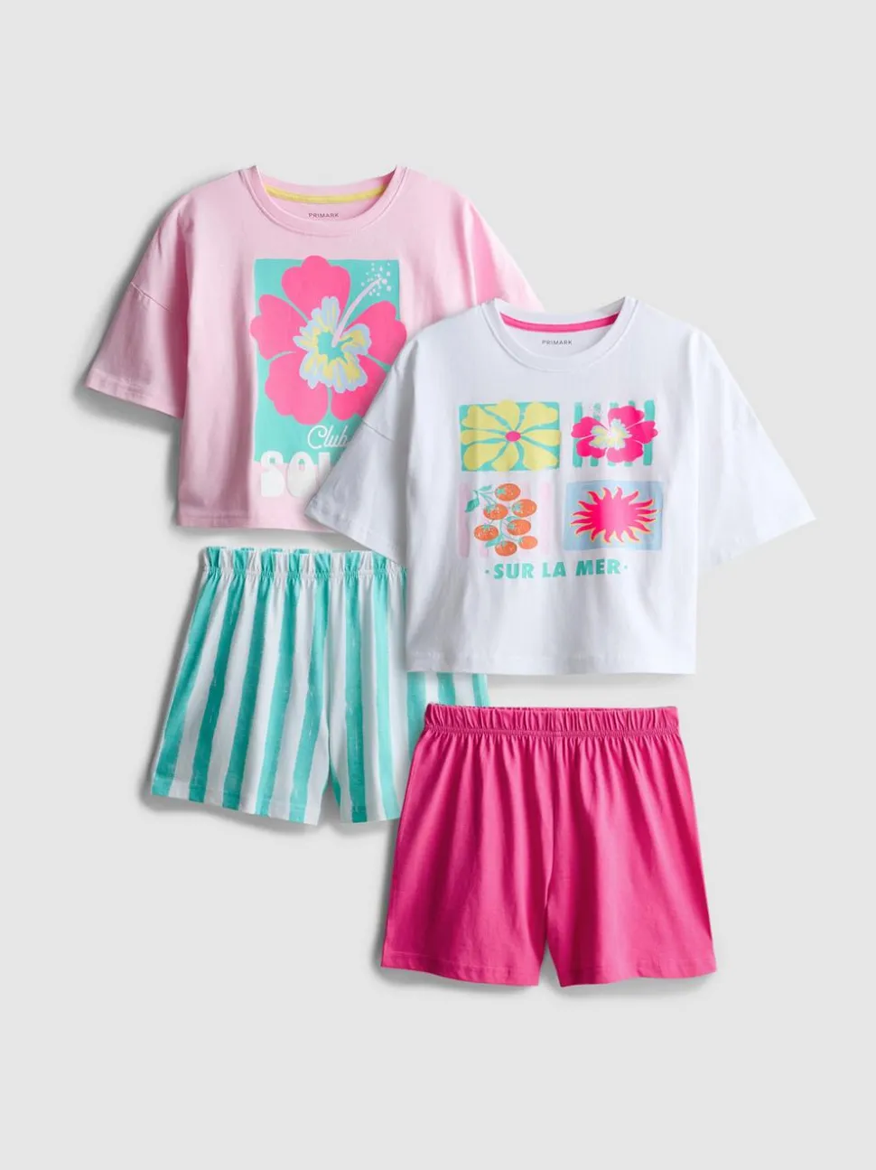7–15 Jahre | Kurze Schlafanzüge aus reiner Baumwolle mit Hibiskusblüten-Muster, 2er-Pack