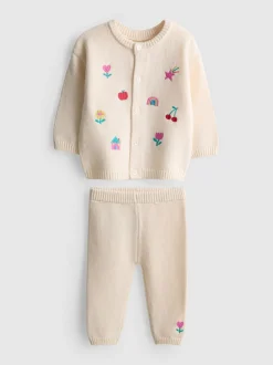 0–18 Monate | Cardigan mit Stickerei und Leggings aus reiner Baumwolle für Neugeborene