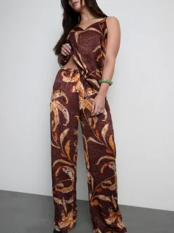 Satin-Hose in Knitteroptik mit weitem Bein und Blumenmuster