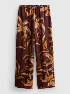 Satin-Hose in Knitteroptik mit weitem Bein und Blumenmuster
