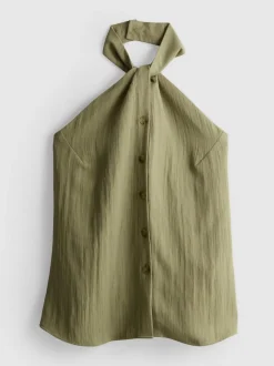 Strukturiertes Neckholder-Top mit Knopfleiste