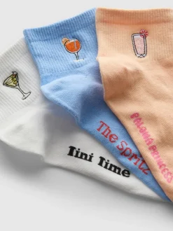 Viertellange Crew-Socken mit Cocktail-Motiven, 3er-Pack